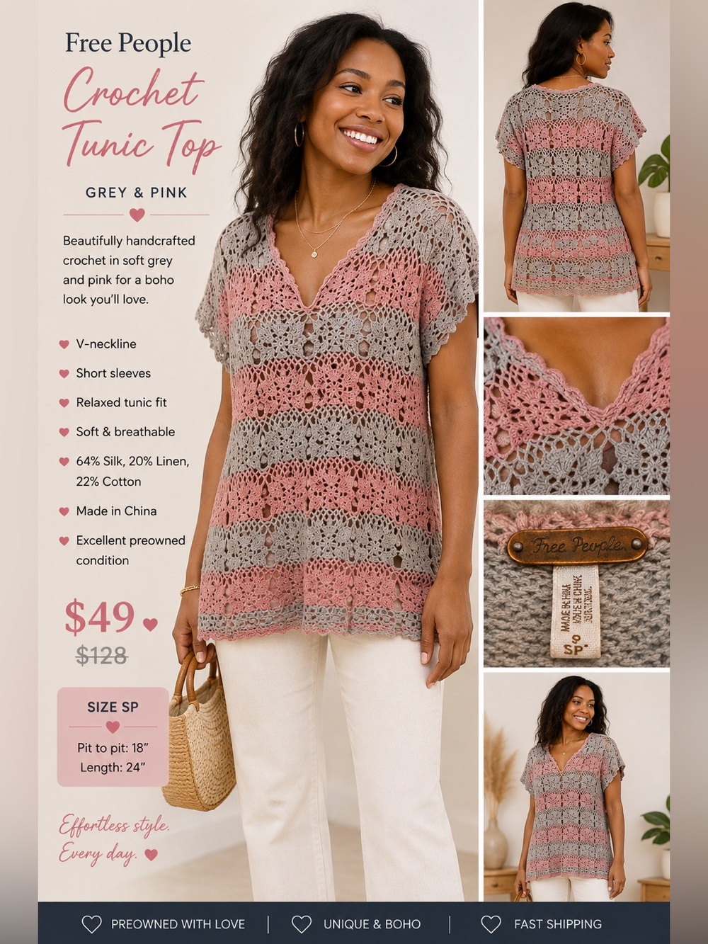Free People Crochet Tunic Top Size SP Grey Pink